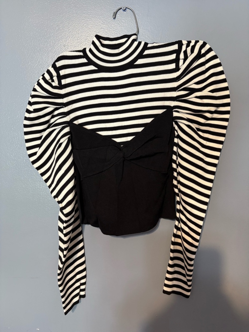 Zara Black & White Striped Puff Sleeve Turtleneck Knit Top
